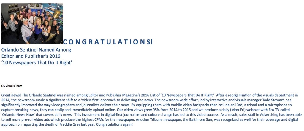 E-mail congratulating our newsroom.