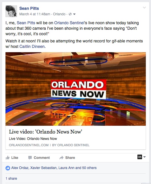 Facebook post about appearance on Orlando News Now live show.